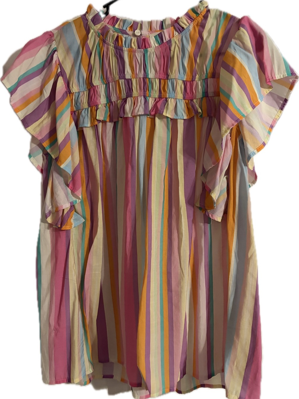 Haptics Striped Ruffle Sleeve Blouse - Pastel Multi (L, Like New)